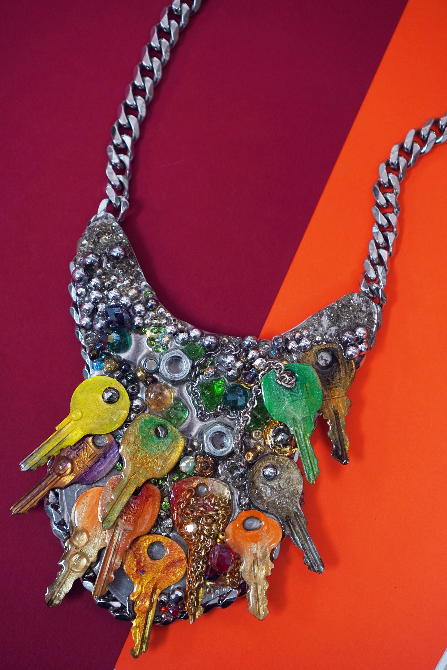 "Custom necklace with crystals, chains, stainless steel, crystal healing, glass beads and colorful metal keys."