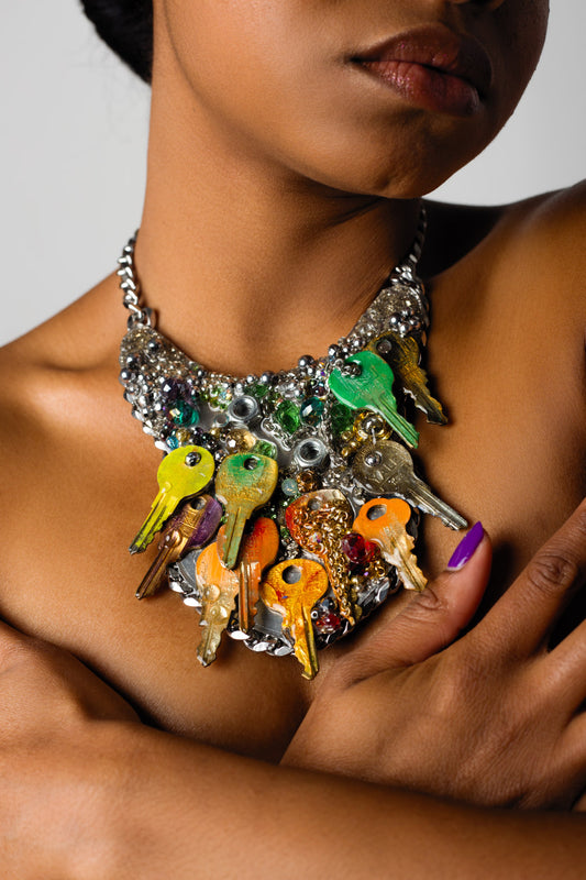 "Custom necklace with crystals, chains, stainless steel, crystal healing, glass beads and colorful metal keys."